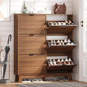 HUANLEGO Shoe Cabinet Storage for Entryway with 6 Flip Drawers, Walnut