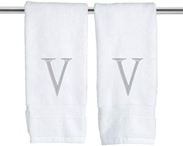 Monogrammed Hand Towels for Bathroom - Luxury Hotel Quality Personalized Initial Decorative Embroidered Bath Towel for Powder Room, Spa - GOTS Organic Certified - Set of 2 Letter V