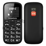 SimpleExtre Senior 1 black Big Button Mobile Phone for Elderly, SIM Free Unlocked Mobile Phones with SOS Button | Loud Volume | USB-C Charging | Simple System | Talking Numbers | FM Radio | Torch