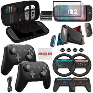 Pro Controllers Accessories for Nintendo Switch 2: Wireless Controller, Carrying Case, Screen Protectors, Dockable Console Protective Case, Steering Wheels and Thumb Grips for Joysticks - Grey