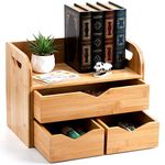 Hacaroa 3 Tier Bamboo Desktop Organizer with 3 Drawers, Mini Tabletop Craft Box Cosmetic Storage Drawer with Handle, Portable Desk Letter Mail Sorter for Office Supply, Toiletries