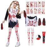 Zombie Cheerleader Costume for Girls, High School Cheerleading Uniform Halloween Outfit Scary Bloody Dress for Party