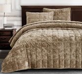 Chezmoi Collection Piers Tan Velvet Quilt Oversized King Set, 3-Piece Plush Distressed Velvet Bedding All Season Lightweight Comforter - Brushed Microfiber Reverse with Double Square Stitch