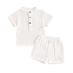 Geagodelia Baby Boy Cotton Linen Clothes Set Short Sleeve Button Down T-shirt Elastic Waist Shorts Summer Casual Plain Outfits (Polo shirt-White, 12-18 Months)