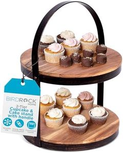 BIRDROCK HOME 2-Tier Cupcake and Cake Stand with Handle - Rustic Wood & Iron Dessert Serving Tray - Farmhouse Style Table Display for Cookies, Appetizers, and Treats - Round, Modern, Decorative