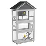 PawHut Wooden Bird Cage, 67" Parrot Cage with Perches, Bird House, Ladder, Slide-Out Tray for Finches, Parakeets, Small Birds, Indoor Outdoor Use, Grey