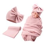 Bamery Newborn Baby Girl Hospital Hat Preemie Cotton Baby Beanie Winter Infant Hats Towel for 0-12 Months (Skin Pink+Wrap Towel, 0-6 Months)