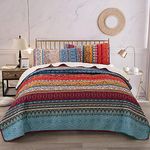 Bohemian Quilt Set King, Boho Striped Pattern Printed Bedding Quilt Coverlet Set, Lightweight Microfiber Bedspread Set for All Seasons 90"x 103"(3 Pieces, Colorful)