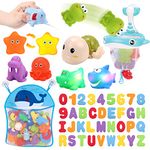 KaeKid Baby Bath Toys, Bath Baby Toy for 1-3 3-5 Year Old Toddlers Boy Girl, Toys Gift for Kids, Bathtub Toy 18 Months+, Foam Bath Letter&Water Spray Discoloration Light-Up Floating Animal&Storage Bag