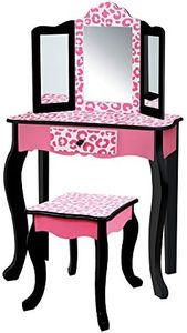 Teamson Kids Leopard Print 2-Piece Kids Wooden Play Vanity Set with Vanity Table, Tri-Fold Mirror, Storage Drawer, and Matching Stool, Black with White/Pink Animal Print Accent