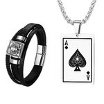 OIDEA 2pcs Skull Poker Card Ace of Spades Pendant Necklace Multilayer Braided Leather Cuff Bracelet Set for Men Women, Buckle Adjustable, Poker Jewerly Set Gift, Silver