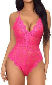 Buitifo Women Lace Bodysuit One Piece Babydoll Backless Mini Teddy V Neck Lingerie (Pink, XL)