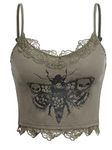 SHENHE Women's Butterfly Skull Print Contrast Lace Spaghetti Strap Sleeveless Cami Tank Crop Tops, Army Green, Large