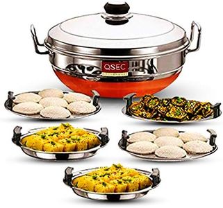 QSEC Stainless Steel Idli Cooker Multi Kadai Steamer with Copper Bottom All-in-One Big Size 5 Plate 2 Idli | 2 Dhokla | 1 Patra | Momo's | 3 in 1 | 28.5 cm Dia.