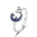 Presentski Cat Ring Adjustable Rings 925 Sterling Silver, Lovely Kitty Ring Moon and Star Rings with CZ Pet Lover Gifts for Women Girls Teen Birthday Gifts Ring