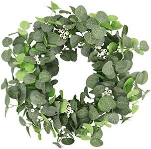 U'Artlines 22'' Artificial Eucalyptus Wreath Fake Green Leaves Rustic Garland with Berries for Front Door Wall Window Party Farmhouse Decoration (Eucalyptus Wreath with White Berries)