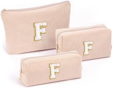 Vavabox A-Z Personalized Makeup Bag, Birthday Gifts for Women Mom, Gifts for Best Friend, Bride Bridesmaid Cosmetic bag (F, 05-khaki Set)
