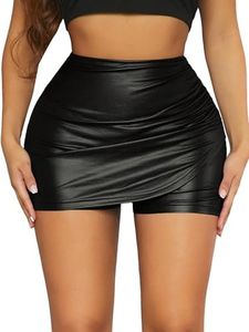 WDIRARA Women's Ruched Elastic Waist Pu Leather Wrap Asymmetrical Hem Skinny Skort Party Club Shorts Black XXL