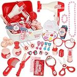 Pretend Makeup Sets for Girls, Role Play Toy Box Play Jewellery Cosmetics Kits Princess Dress Up Hairdressing Set with Portable Case Gifts for 3 Year Olds Girls(28PCS)