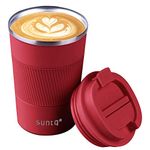 SUNTQ Reusable Coffee Cups Travel - Coffee Travel Mug with Leakproof Lid - Thermal Mug Insulated Cup - Stainless Steel Travel Cup with Rubber Grip - for Hot and Cold Drinks, 13oz/380ml, Red