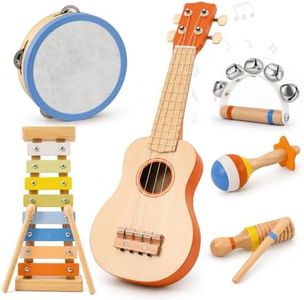 Kids Guitar Set, 6-in-1 Montessori Wooden Musical Instruments Set for Toddlers 2-3, Music Toys with Ukulele, Xylophone, Tambourine & Maracas, Birthday for Ages 2+ Boys Girls