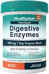 NewRhythm Digestive Enzymes 245 mg, with Probiotics and Prebiotics, Plant Based, 7 Key Enzymes, Digestion, Nutrient Absorption, Protease Amylase & Lipase, 60 Vegan Capsules