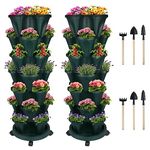 Stackable Planter, Vertical Garden Planter with Wheels and Tools, Self Watering Strawberry Planter Indoor/Outdoor 7 Tier Garden Tower Herb Planter for Growing Vegetables Succulents,Pine Green 2 Set