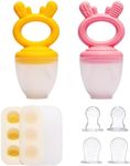 Baby Fruit Food Feeder Pacifier 2 Pack with Mini Freezer Tray, Breastmilk Popsicle Molds for Teething Relief, BPA Free Silicone Mesh Feeder for Safe Infant Self Feeding - Pink & Yellow