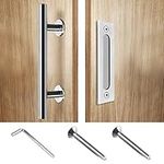 Sliding Barn Door Handle Stainless Steel Pull and Flush Set Two-Sided Silver Handle Hardware 12 Inches Suitable for Metal and Wood Door, for Gate Kitchen Furniture Cabinet Closet Drawer