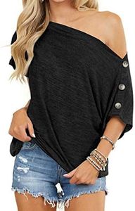 INFITTY Womens Off Shoulder Tops Casual Summer Loose Button Down Short Sleeve Sexy Shirt Tunic Blouse Black Small
