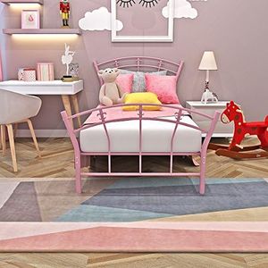 Panana Cadre de Lit, Simple Lit en Métal, Hauteur de 28 cm, Structure Solide, Grand Espace de Rangement pour Enfants Adultes, Rose (95 x 208 cm)