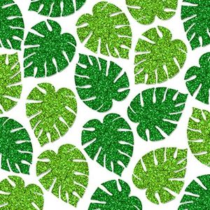 Whaline 46Pcs Tropical Leaves Cutouts Glitter Green Palm Monstera Leaves Cut-Outs Summer Jungle Bulletin Border Decor with 100Pcs Glue Points for Classroom DIY Projects