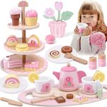 Atoylink 31PCS Wooden Tea Set for Toddlers Tea Party Set for Children with Dessert Tray Teapot Wooden Play Food Toy Kitchen Accessories Kids Tea Set Role Play Toys Gifts for girls 2 3 4 5 Years（Pink）