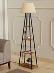 Hiftocraft Modern Floor Lamp with 4 Wooden Shelves, Iron Frame, LED Bulb Included - Stylish Standing Lamp for Living Room, Bedroom, Office & Home Décor (Black) (Design 2)