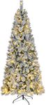 Asinse 7ft Pre-Lit Slim Snow Flocked Christmas Tree - Premium Artificial Hinged Xmas Tree with 320 Chasing LED Lights, White Heavy Snow Flocking, 850 Branch Tips, Pine Needles, Easy Assembly