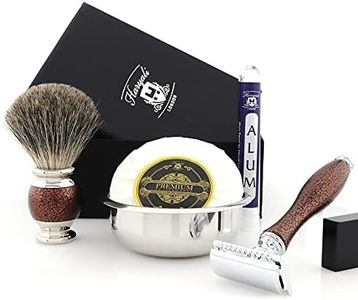 Haryali London - Kit per rasatura da 5 pezzi, rasoio di sicurezza a doppio bordo – Super Badger Pennello da barba – Sapone da barba – Ciotola da barba – allume – set da barba color marrone antico