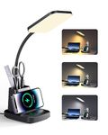 GOLSPARK Desk Lamp with Wireless Charger, LED Desk Lamp for Home Office 3 Color Modes CRI 90 Eye-Caring Reading Light with Pen Holder, Dimmable Gooseneck Touch Control Table Lamp for College Dorm Room