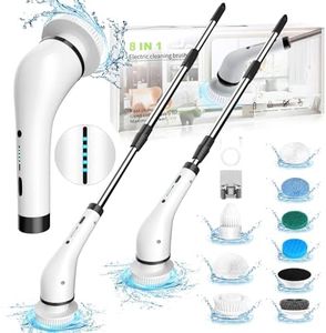 GRUTTI Electric Spin Scrubber, Cordless Shower Scrubber with 8 Replaceable Brush Heads, Electric Bathroom Scrubber with 2 Speeds, Adjustable Extension Arm, for Bathtub Window Car Grout Tile Floor