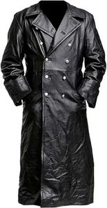 Mens Vintage German Classic WW2 Officer Military Uniform Hitler Black Leather Trench Coat Indiana Jacket