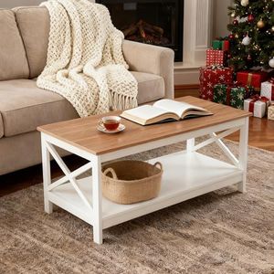 MAISON ARTS Modern Coffee Table with Storage Shelf, Rustic Farmhouse Coffee Table for Living Room, Wood Look Mid Century Accent Furniture, Easy Assembly, Ivory