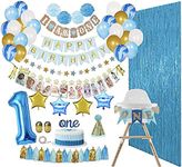 Baby Boy First Birthday Decorations & Party Supplies Mega Bundle [133 Pieces] | Includes Balloons, Banners, 12 Months Milestones, Garlands, Cake Topper, Pom Poms, Party Hat, Foil Fringe Backdrops, Gold Ribbons & Glue Dots & More | Blue, White, Gold | Boys