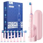 Rtauys Rotating Electric Toothbrush for Adults – 8 Brush Heads (2-Year Supply) + Travel Case, 50,000 VPM Rechargeable Toothbrush with 5 Modes, Smart Timer, IPX7 Waterproof, USB Fast Charging (Pink)