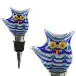 Blue Owl Wine Stopper - Wine Bottle Stopper, Decorative, Colorful, Unique, Eye-Catching Glass Wine Stoppers – Glass Owl Figurine, Wine Accessories, Owl Gift for Hostess - Wine Corker / Sealer