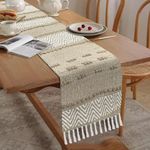 Luxe Home Elegant Beige and White Woven Table Runner with Tassels - Mix Cotton Jute 13 x 74 Inch, Zig Zag - Perfect for Dining Table, Center Table, Décor