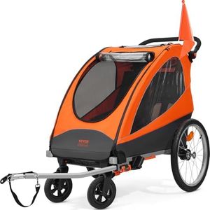 VEVOR Bike Trailer for Toddlers, Kids, Double Seat, 100 lbs Load, 2-in-1 Canopy Carrier Converts to Stroller, Tow Behind Foldable Child Bicycle Trailer with Universal Bicycle Coupler, Orange and Gray