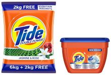 Tide Plus Double Power Detergent Washing Powder Jasmine & Rose 6kg + 2kg FREE & Tide Matic 4in1 PODs Detergent Pack 18 ct -for Top & Front load washing machine only