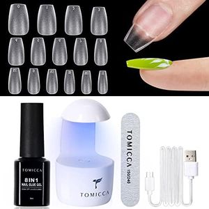 TOMICCA Nail Tips and Glue Gel Kit,Nail Extension Kit-4 In 1 Nail Glue and Base Gel,240Pcs Short Coffin Nails with Portable LED Nail Lamp DIY Nail Art Acrylic Nail Starter Kit Gifts Set