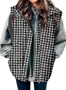 EVALESS Lightweight Puffer Vest Sleeveless Jackets Black Plaid S