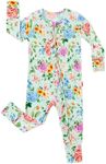 EASWEET Bamboo Viscose Baby Girl Footless Pajamas Ruffled Baby Sleepers with 2 Way Zipper, Sprightly Blossom, 0-3 Months