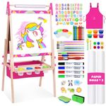 Joyooss Art Easel for Kids, Adjustable Standing Wooden Toddler Kids Easel Double Sided Drawing Board Whiteboard & Chalkboard Dry Easel Board, Art Easel for Kids Age 4-8 9-12 Painting Set